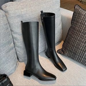 Knee high leather, mid heel black boots, 38